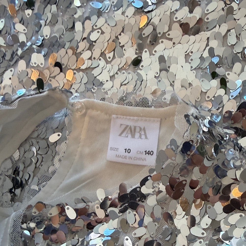 Zara Kids Silver Sequin Short Sleeve Dress - Picture 2 of 5